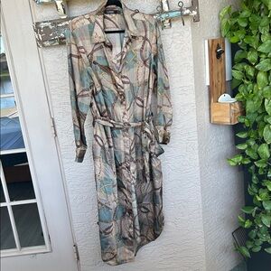 Lauren Ralph Lauren Multicolor Long Sleeve Dress with pockets.  Light beige/blue